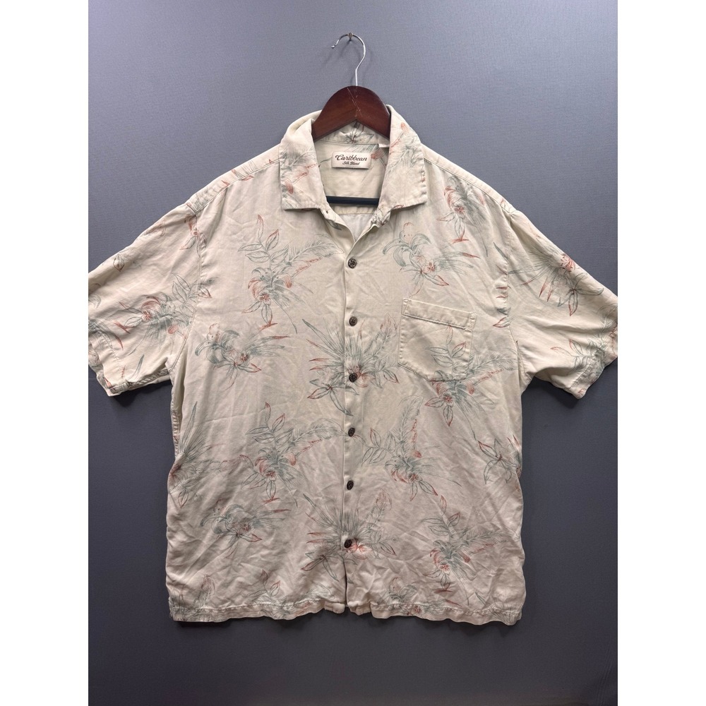 Caribbean Button Down Shirt Mens Cream Silk Blend Floral Tropical XL